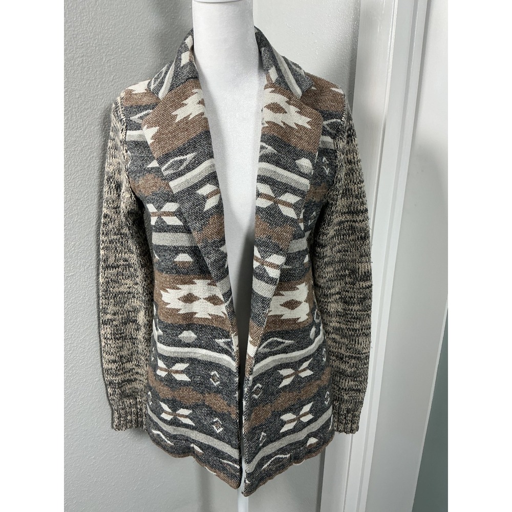 Skies Are Blue Aztec Southwest Open Front Cardigan Sweater Brown Gray Size S